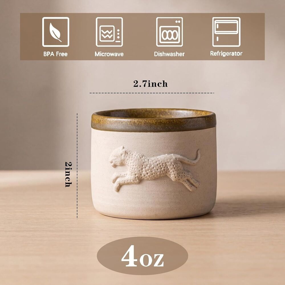 Ceramic Espresso Cups Set of 4 Stoneware 4 oz Demitasse Animal Coffee Cups - Picture 2 of 6
